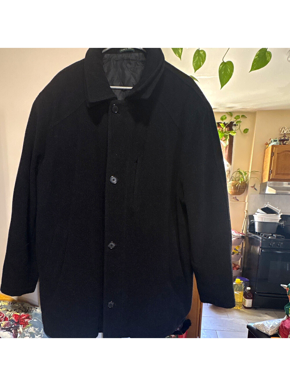Lauren Ralph Lauren Men's Black Solid Lined Button Overcoat Point Collar